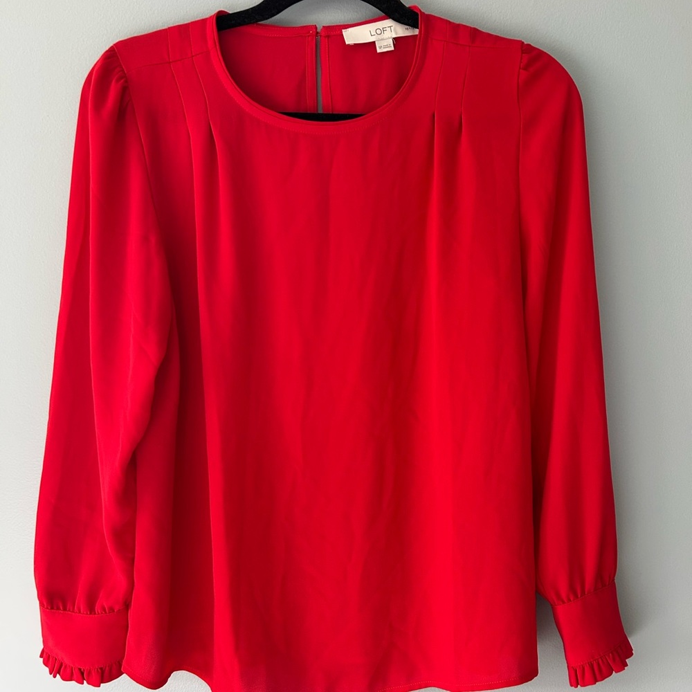 LOFT Red Work Blouse with Cuffed Sleeves